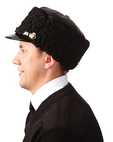 Karakul leather top hat with lacquered peak