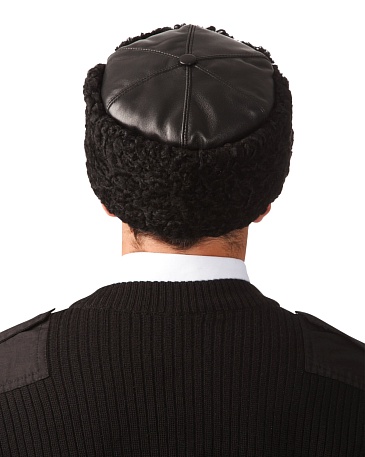 Karakul leather top hat with lacquered peak