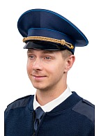 Peaked cap with a high crown and blue piping