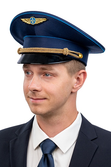 Peaked cap with a high crown and blue piping