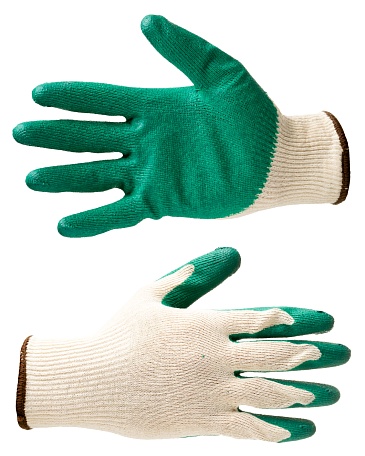 Knitted gloves with latex coating of the palm