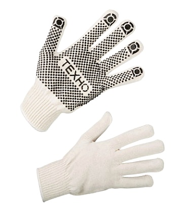 TECHNO cotton knitted gloves with spotted PVC coating of the palm (Gauge 10)