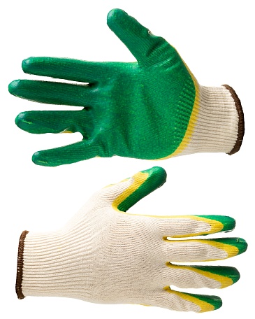Knitted gloves with double latex coating of the palm