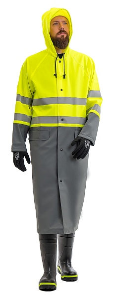 &quot;CYCLONE HIGH-VIZ&quot; men's signal raincoat for protection against oil, petrochemicals and water. Fluorescent yellow with gray