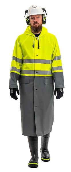 &quot;CYCLONE HIGH-VIZ&quot; men's signal raincoat for protection against oil, petrochemicals and water. Fluorescent yellow with gray