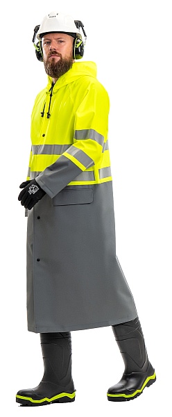 &quot;CYCLONE HIGH-VIZ&quot; men's signal raincoat for protection against oil, petrochemicals and water. Fluorescent yellow with gray