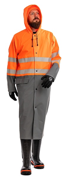 &quot;CYCLONE HIGH-VIZ&quot; men's signal raincoat for protection against oil, petrochemicals and water. Fluorescent orange with gray