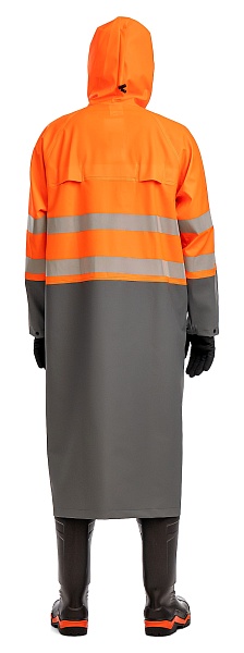 &quot;CYCLONE HIGH-VIZ&quot; men's signal raincoat for protection against oil, petrochemicals and water. Fluorescent orange with gray