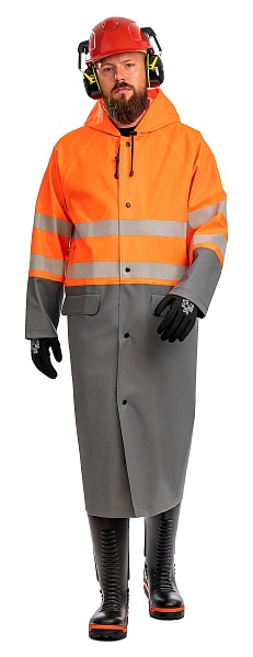 &quot;CYCLONE HIGH-VIZ&quot; men's signal raincoat for protection against oil, petrochemicals and water. Fluorescent orange with gray