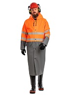 &quot;CYCLONE HIGH-VIZ&quot; men's signal raincoat for protection against oil, petrochemicals and water. Fluorescent orange with gray