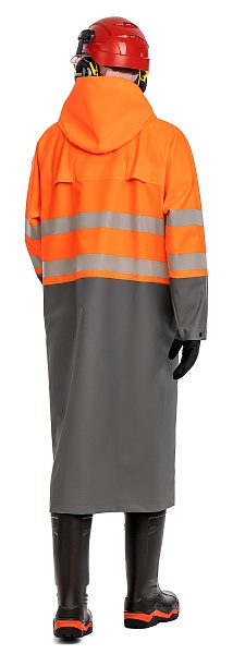 &quot;CYCLONE HIGH-VIZ&quot; men's signal raincoat for protection against oil, petrochemicals and water. Fluorescent orange with gray